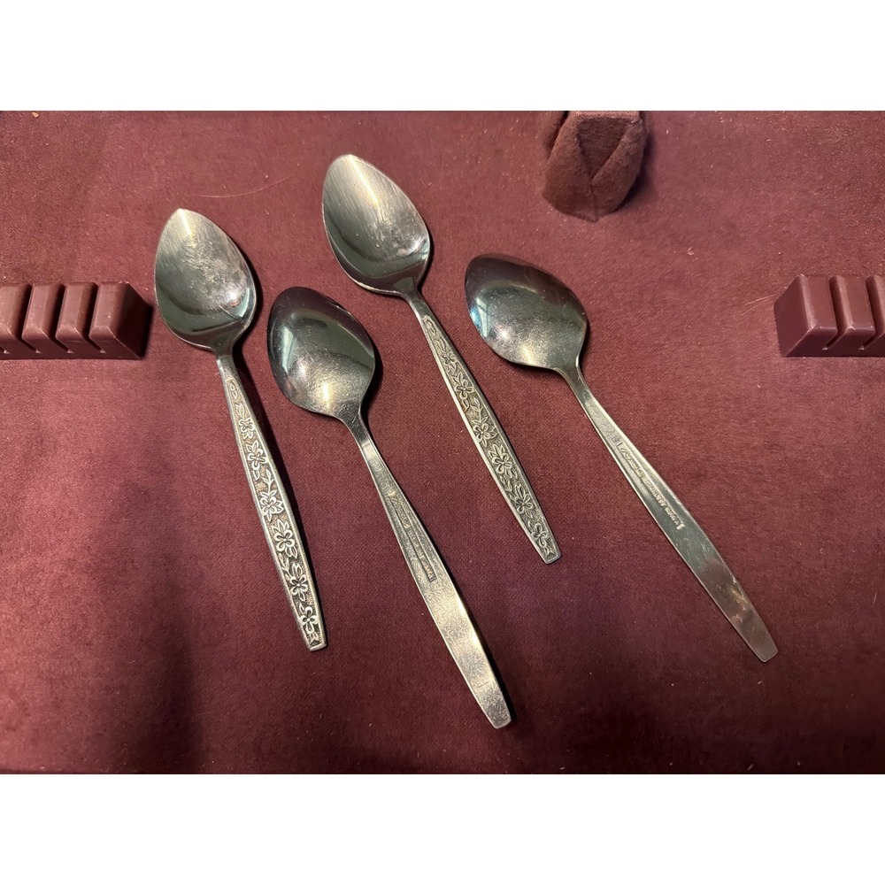 4 Stanley Roberts Rogers LA SPANA Stainless Korea Floral Teaspoons MCM Vintage